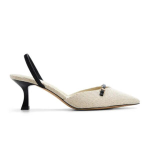 Beige Woven Pointed Toe Slingback Kitten Heels with Black Strap Detail
