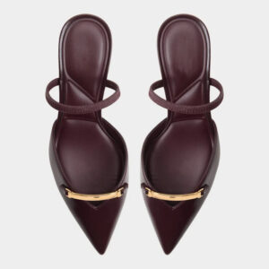 Burgundy Gloss Pointed Toe Mules with Gold Bar Hardware