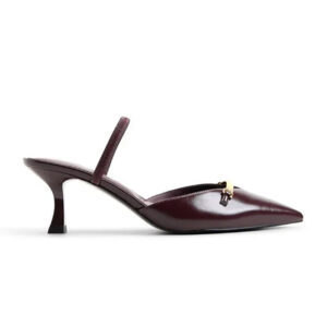 Burgundy Gloss Pointed Toe Mules with Gold Bar Hardware