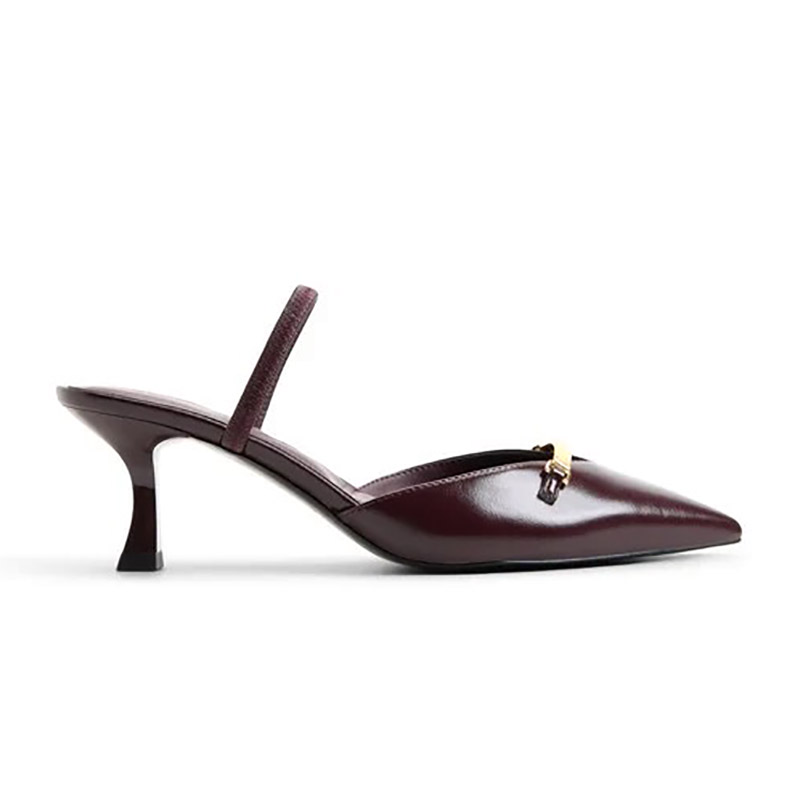 Burgundy Gloss Pointed Toe Mules with Gold Bar Hardware
