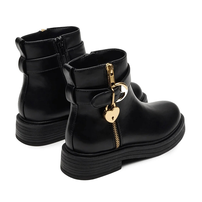 Black Kids Heart Lock Decor Buckle Strap Ankle Boots