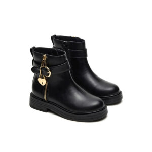 Black Kids Heart Lock Decor Buckle Strap Ankle Boots
